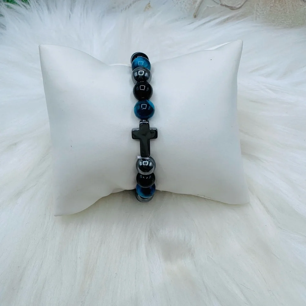 Tiger Eye mix, Blue and Black Beaded Cross Bracelet - Women’s Jewelry